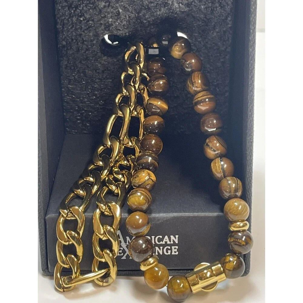 American Exchange Men’s Tigers Eye & Gold Chain Link Bracelet Set New